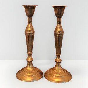 Vtg Pair Candle Stick Holders Brass Copper Rose Gold 9”